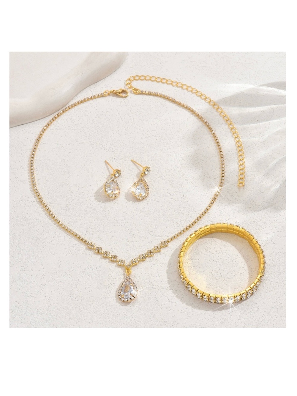 Gold Teardrop Cubic Zirconia Bracelet Necklace & Earring Set